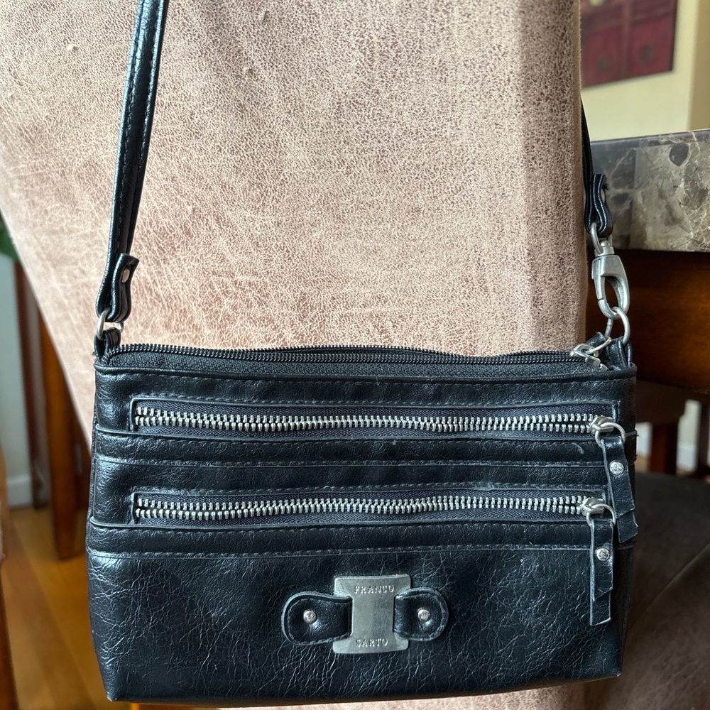 Franco Sarto Black Leather Mini Shoulder Bag Multi Zip Small Purse
